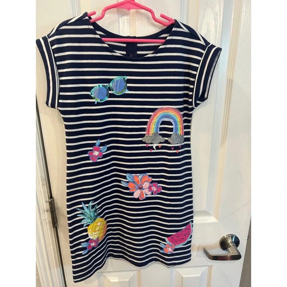 Gymboree T-Shirt Dress Navy Blue Striped Sequin Rainbow Pineapple Fruit Kids 8